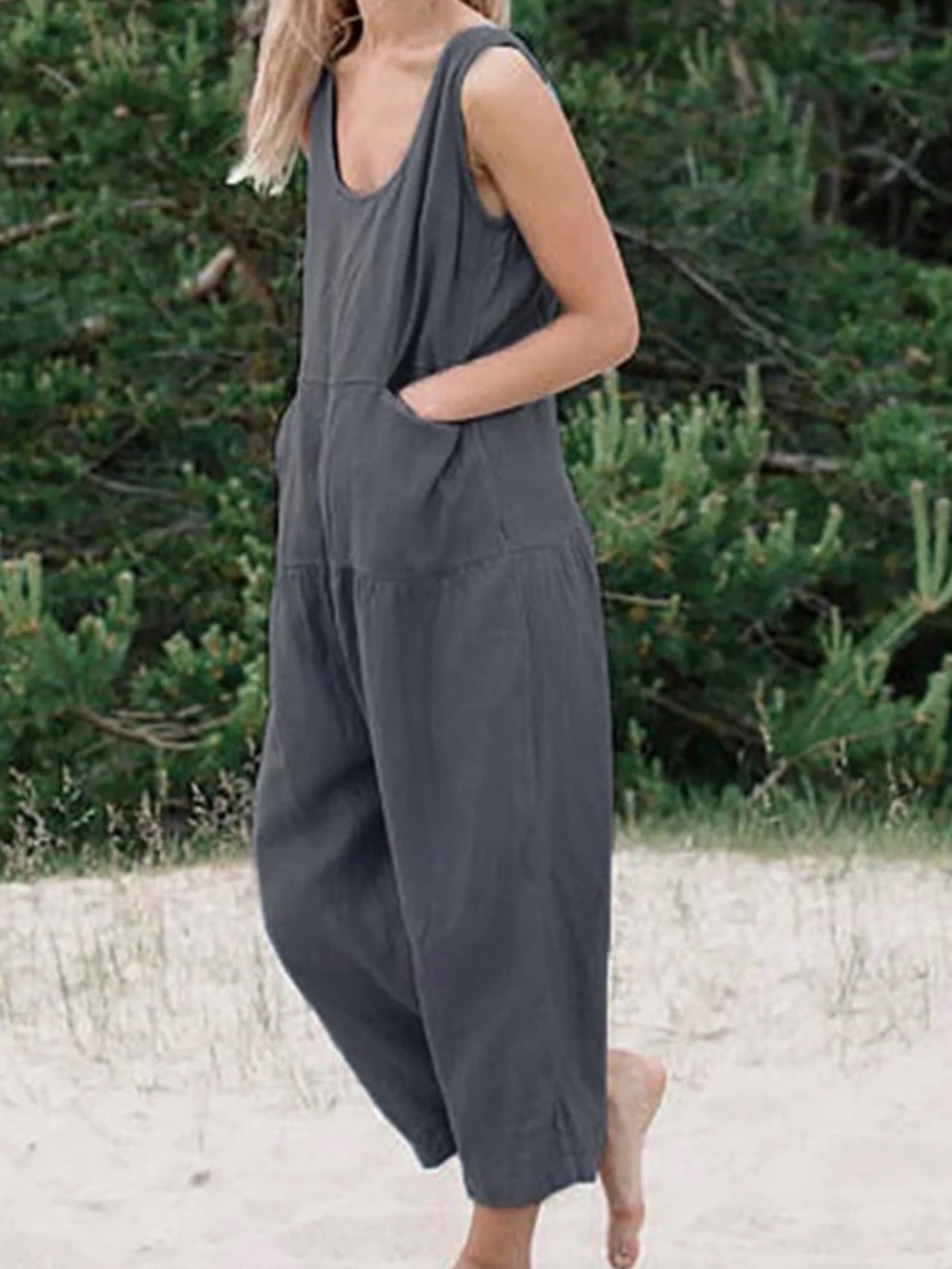 Zanzea Grey Cotton Patchwork U-Neck Harlan Jumpsuits | Size Small